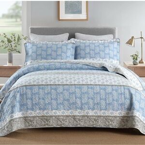 Blue Paisley Quilt Set - Light Blue, White and Gray. 100 % Cotton. King Sz New 🆕
